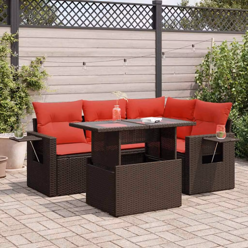 Set Divano da Giardino vidaXL 5 Pezzi in Polyrattan Marrone con Cuscini e Tavolino da Esterno