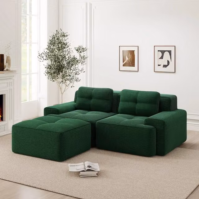 Divano modulare senza ossa - Zephmum- L-forma verde velluto cordoncino