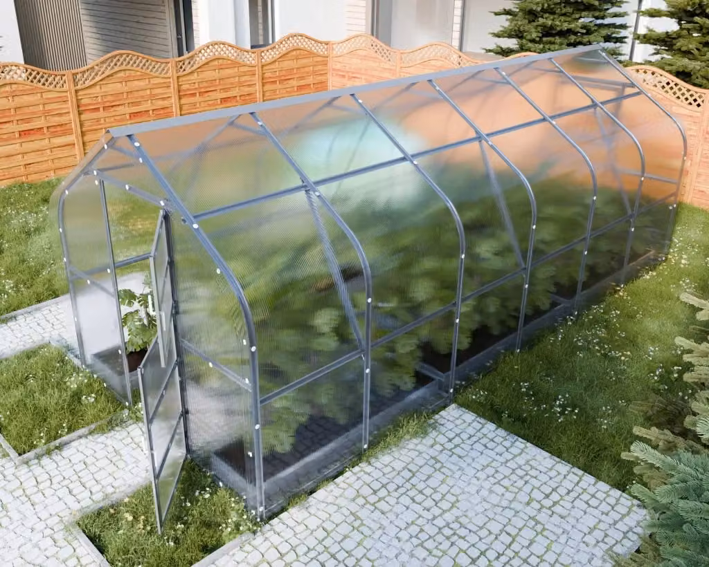 Serra da giardino KLASIKA DROP con rivestimento in policarbonato trasparente e struttura in acciaio zincato, L/P/H: 6 x 2,5 x 2,5 m – 2