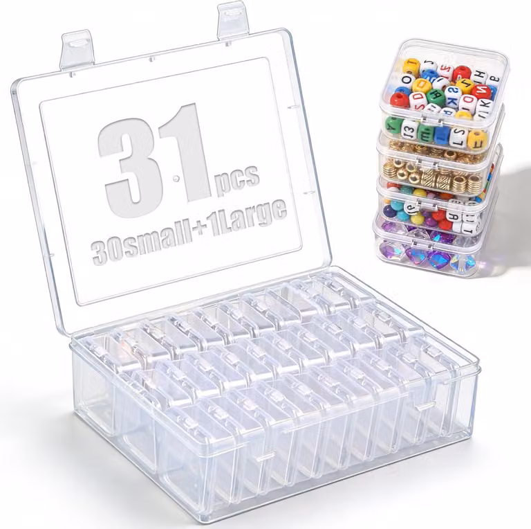 Set di 31 contenitori trasparenti, dimensioni 5,5 x 5,5 x 2 cm, ideali per piccoli oggetti, hobby e cucina