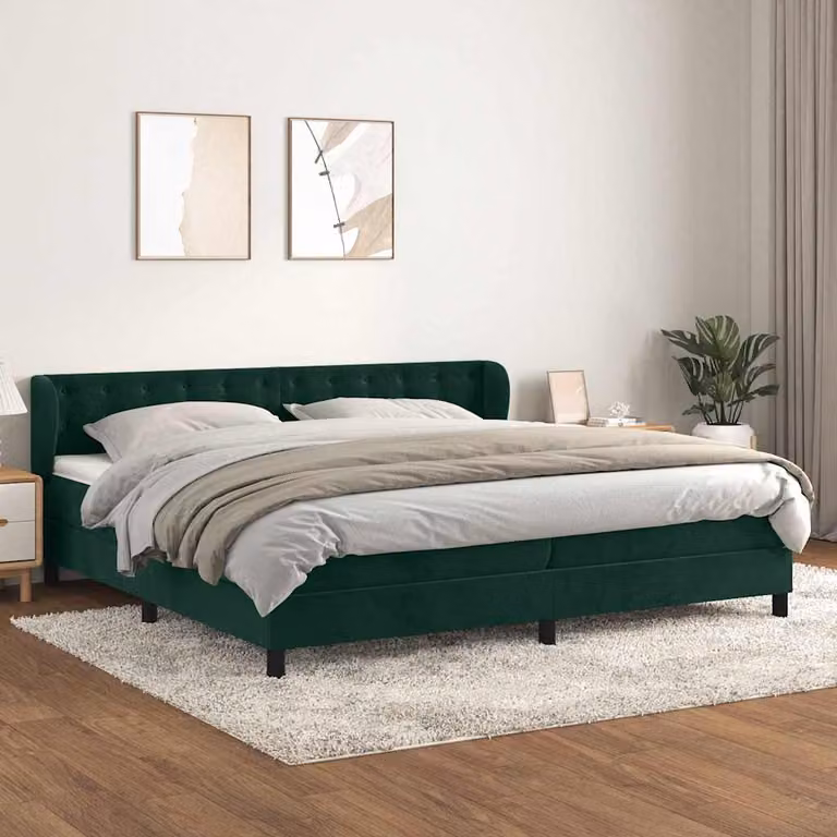 vidaXL Giroletto a Molle con Materasso in Velluto Verde Scuro e Bianco, L/P: 200 x 200 cm
