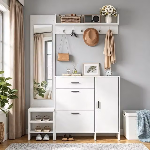 Mobile da ingresso con specchio, panca, 6 ganci, 1 cassetto, 2 scarpiere a ribalta e ripiani, bianco, 140 × 30 × 200 cm