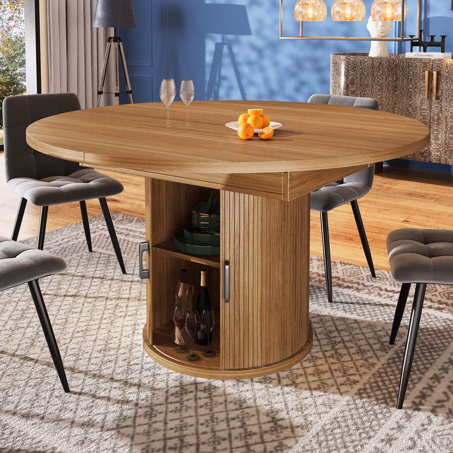 Tavolo da pranzo rotondo Flieks allungabile fino a diventare ovale, tavolo telescopico 118-158x118x76,8 cm, tavolo da cucina con vano portaoggetti e ante scorrevoli, grande tavolo rotondo colore legno