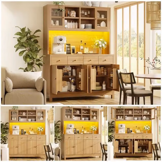 Mobile Buffet con Luci RGB e Ante in Vetro ¨C Minimal ¨C 140x38.5x180cm, Effetto Legno Naturale, 4 Cassetti