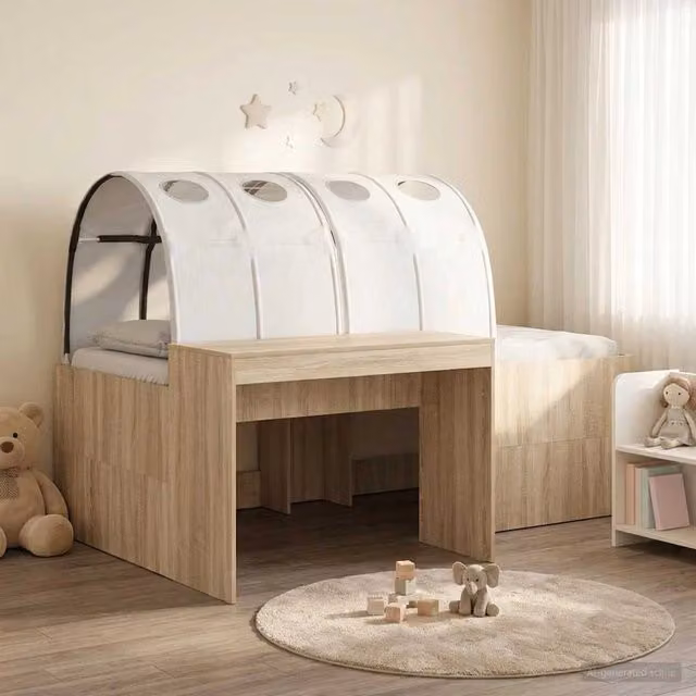 Letto singolo rialzato con tunnel vidaXL in legno ingegnerizzato bianco e rovere L: 200 cm, P: 140 cm, H: 143,5 cm – 1