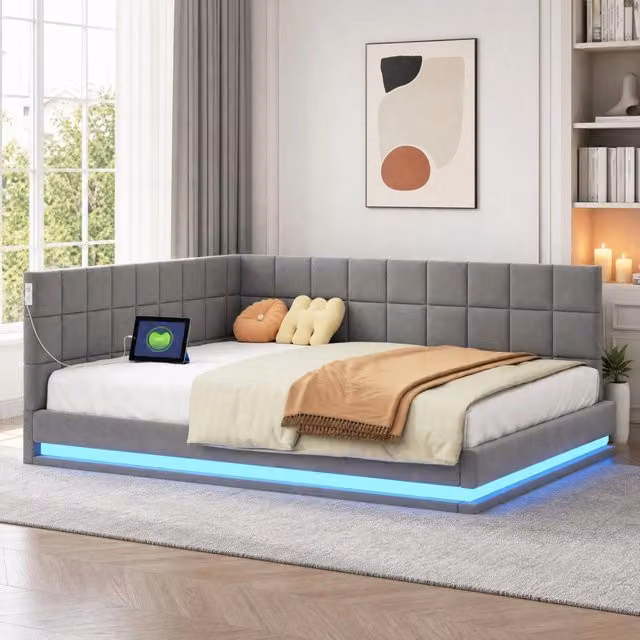 Divano letto imbottito 140 x 200 cm con LED multicolore; presa USB e rete a doghe; grigio