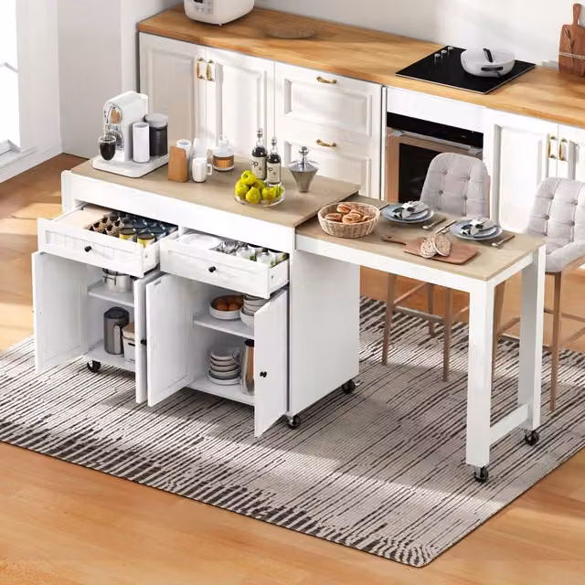 Carrello da cucina con piano estraibile e 7 ruote 4 con freno per cucina e sala da pranzo in MDF bianco naturale