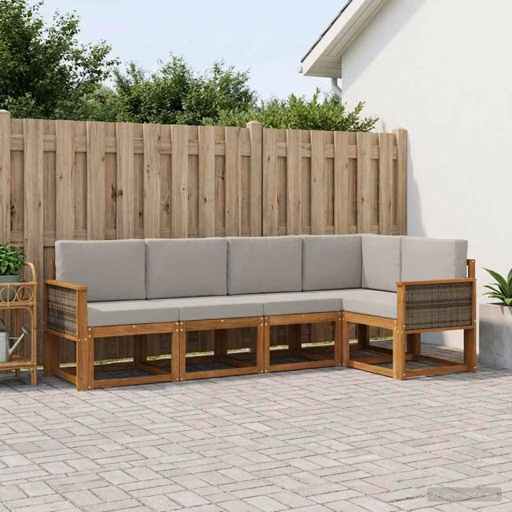 Set di divani da esterno vidaXL a forma di L in legno di acacia con cuscini, beige e grigio