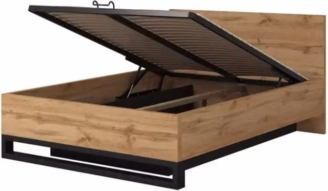 Letto contenitore MILOS MEUBLORAMA in stile industriale con base sollevabile, Rovere e Nero, L/P/H: 140 x 200 cm – 1