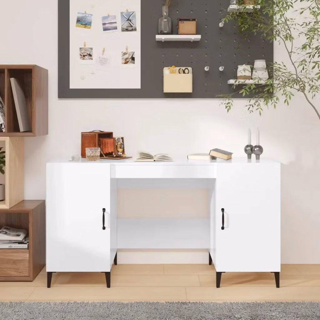 Scrivania da ufficio rettangolare bianca lucida in legno e metallo L/P/H: 140 x 50 x 75 cm – 2