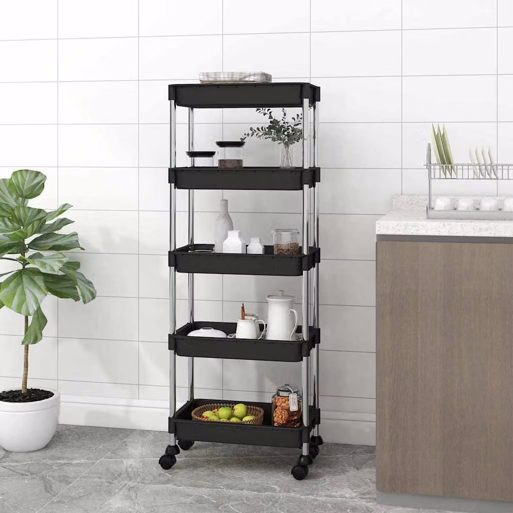 vidaXL Carrello da Cucina Moderno con 5 Ripiani in Metallo e Plastica, Nero, L 42 cm x P 29 cm x H 128 cm