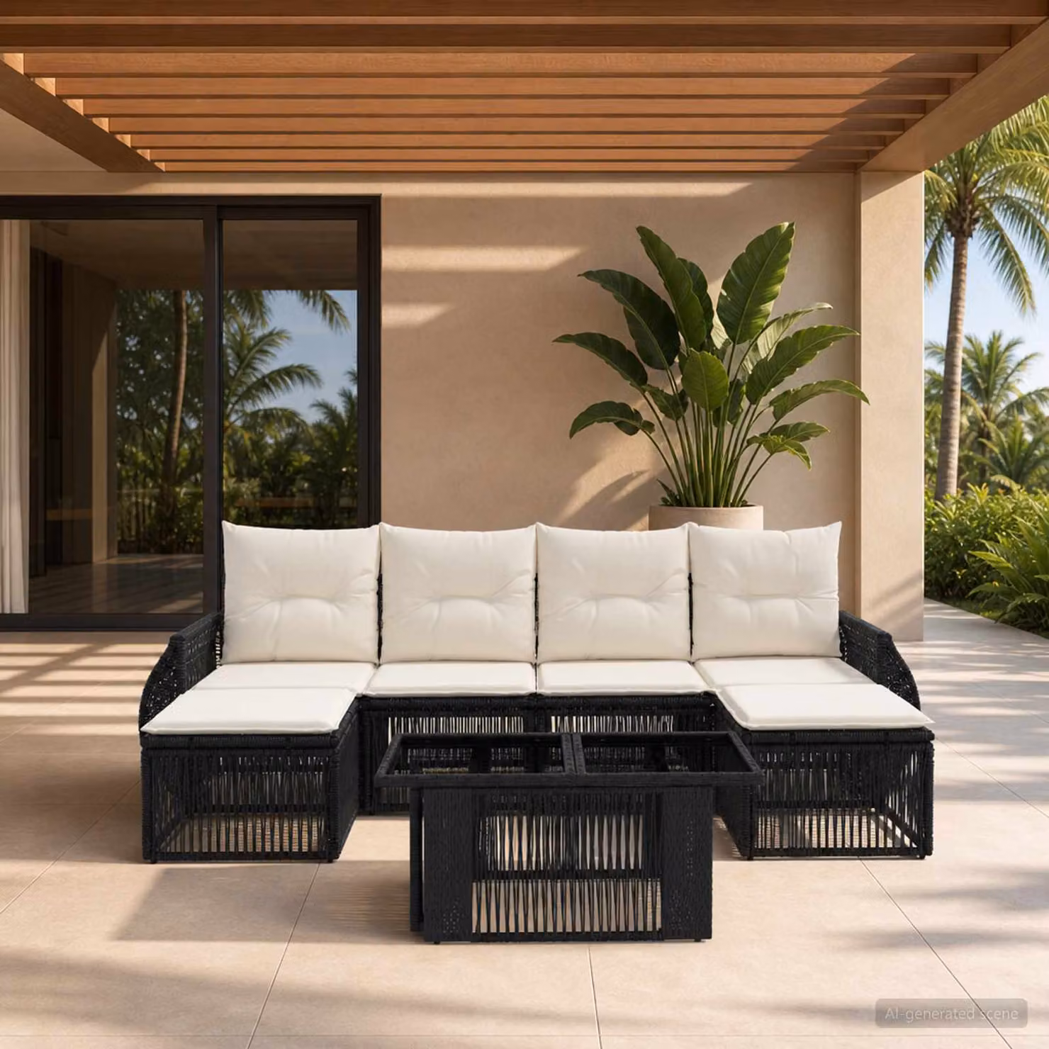 Set Divano da Giardino vidaXL 7 Pezzi in Polyrattan Nero e Bianco Crema con Cuscini e Tavolino