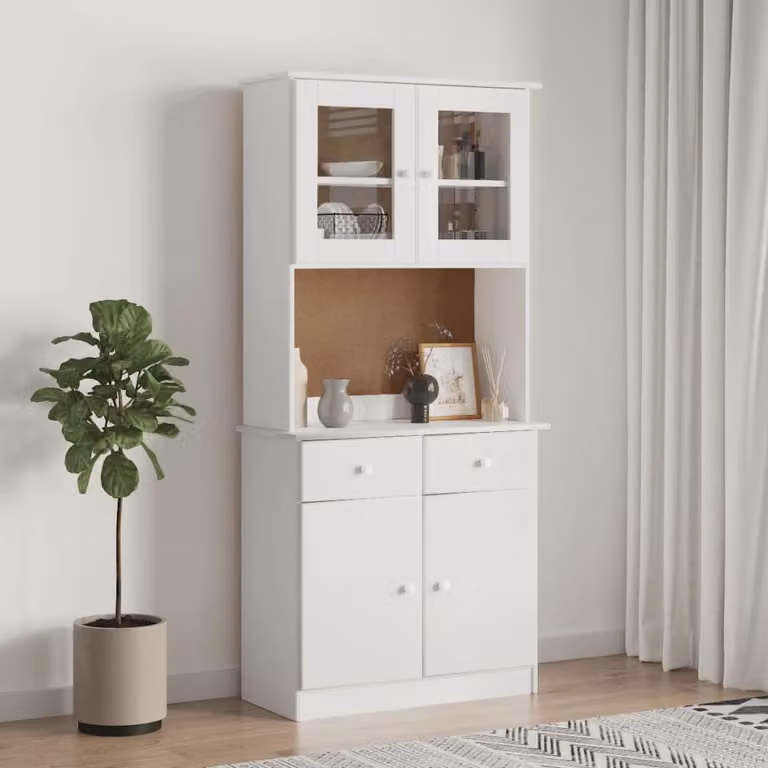 vidaXL Credenza Alta Bianca in Legno di Pino con Ante in Vetro L: 77 cm, P: 35 cm, H: 165 cm