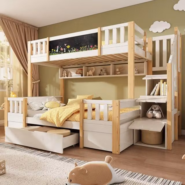 Letto a castello per 3 bambini ¨C Minimal ¨C Bianco legno massello 90x200 140x200 con cassetti scala portaoggetti