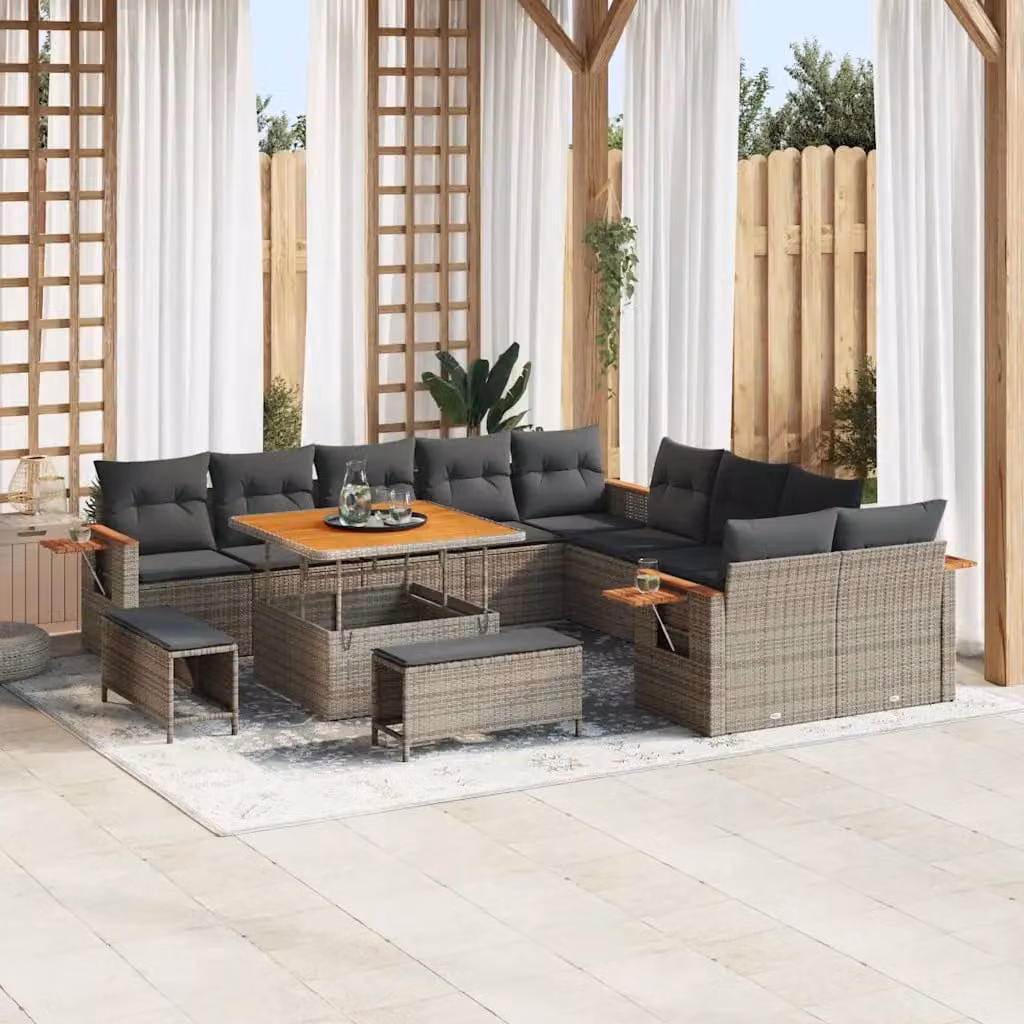 Set Divano da Giardino vidaXL a Forma di U con 17 Pezzi, Grigio, con Cuscini e Tavolino da Caffè – 1