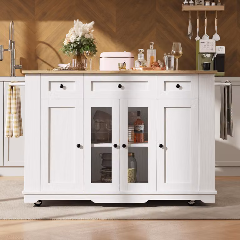 Isola da cucina Sweiko, pareti divisorie amovibili, mobile da cucina, carrello sala da pranzo con piano di lavoro, mobile buffet, carrello sala da pranzo con venature del legno, mobile buffet, mobile in vetro temperato, bianco