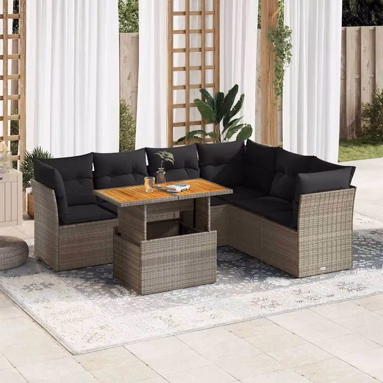 Set Divani da Giardino vidaXL 7 pz in Polyrattan Grigio con Cuscini e Tavolino da Esterno