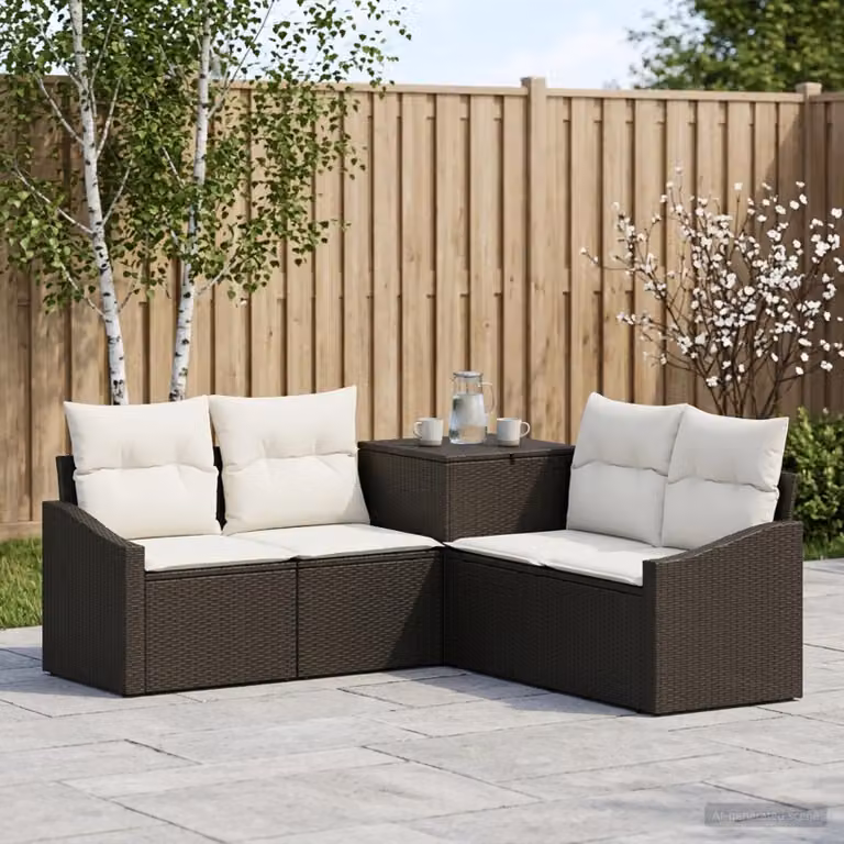 Set di divani da giardino a forma di L vidaXL in polyrattan nero e bianco con cuscini inclusi