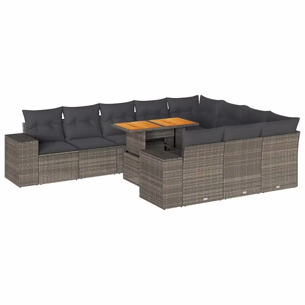 Set da giardino componibile a L vidaXL in polyrattan e legno di acacia con 10 pezzi e cuscini grigi – 2