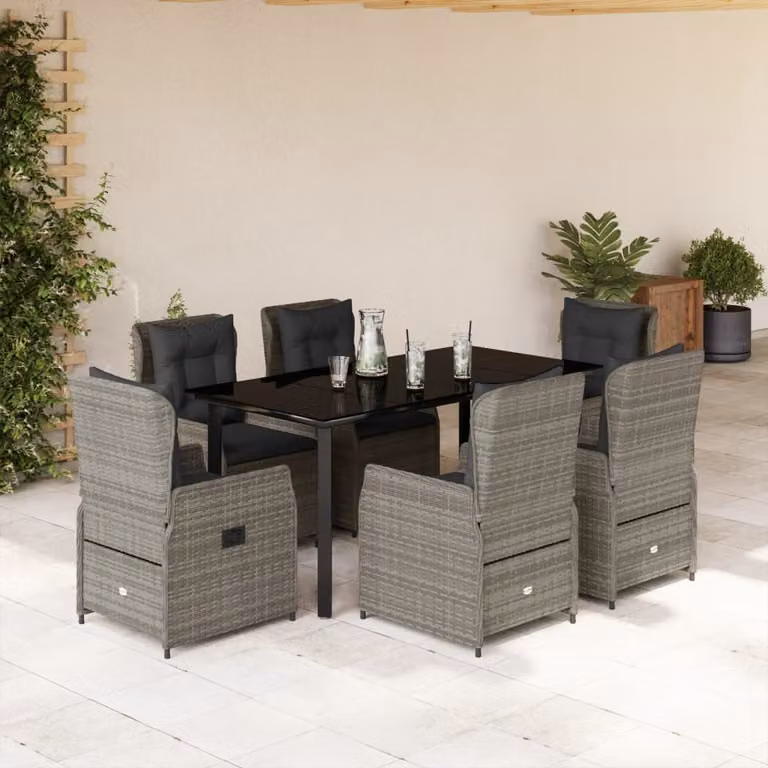 vidaXL Set da Pranzo da Giardino 7 pz in Polyrattan e Vetro Grigio e Nero