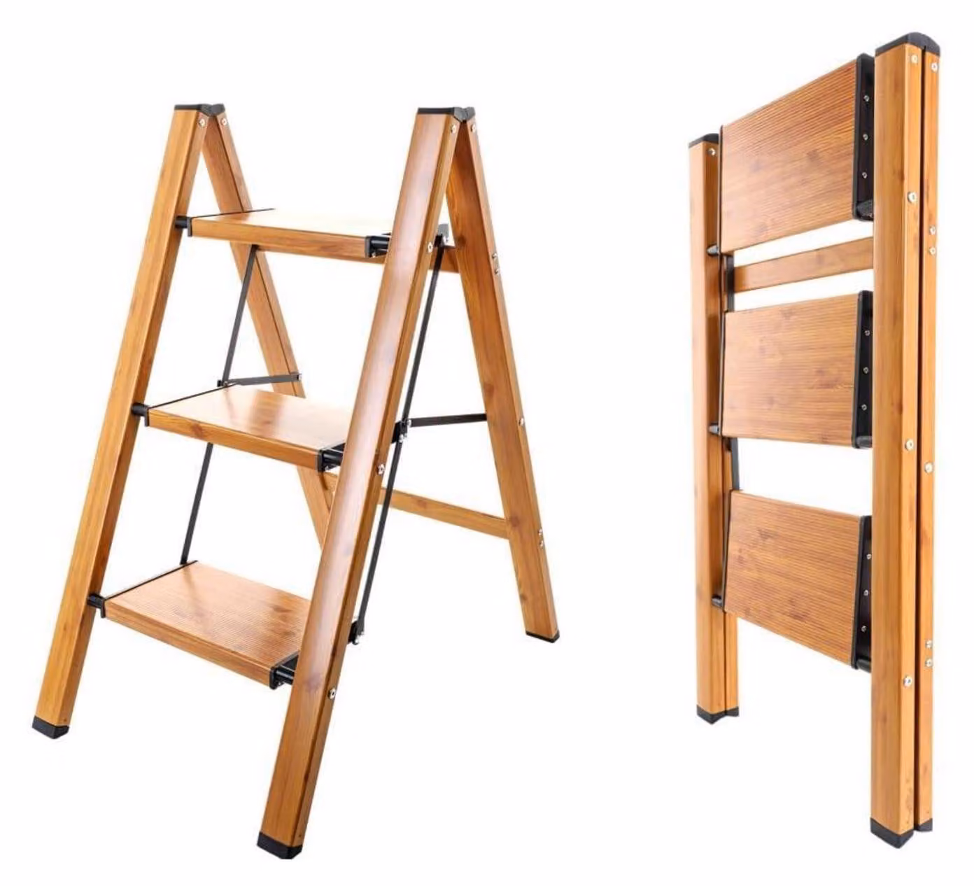 Scala a tre gradini pieghevole, in alluminio con finitura effetto legno e colore nero