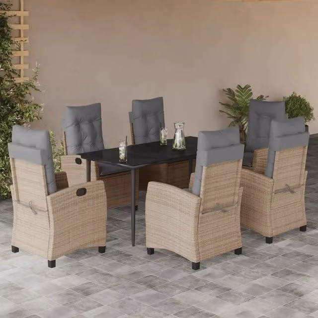 Set Pranzo da Giardino VIDAXL in Polyrattan da 7 Pezzi con Cuscini Beige e Tavolo in Vetro – 1