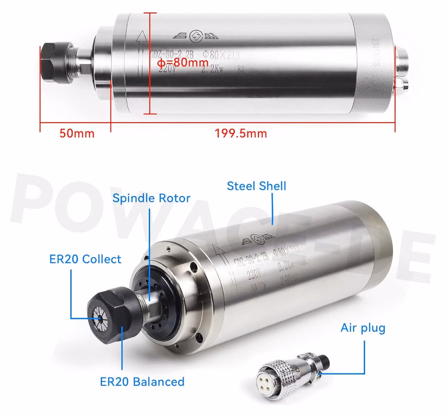 Mandrino per fresatura CNC con raffreddamento a liquido e inverter VFD, potenza di 2,2 kW e pinza di serraggio ER20 per lavorazioni di precisione