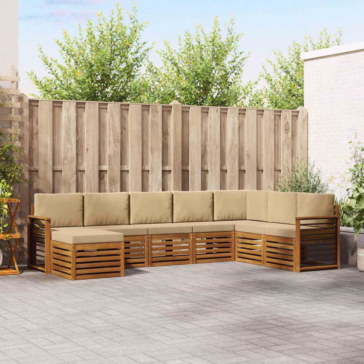 Set di divani da esterno vidaXL 8 pz in legno di acacia naturale e beige con cuscini e configurazione a L