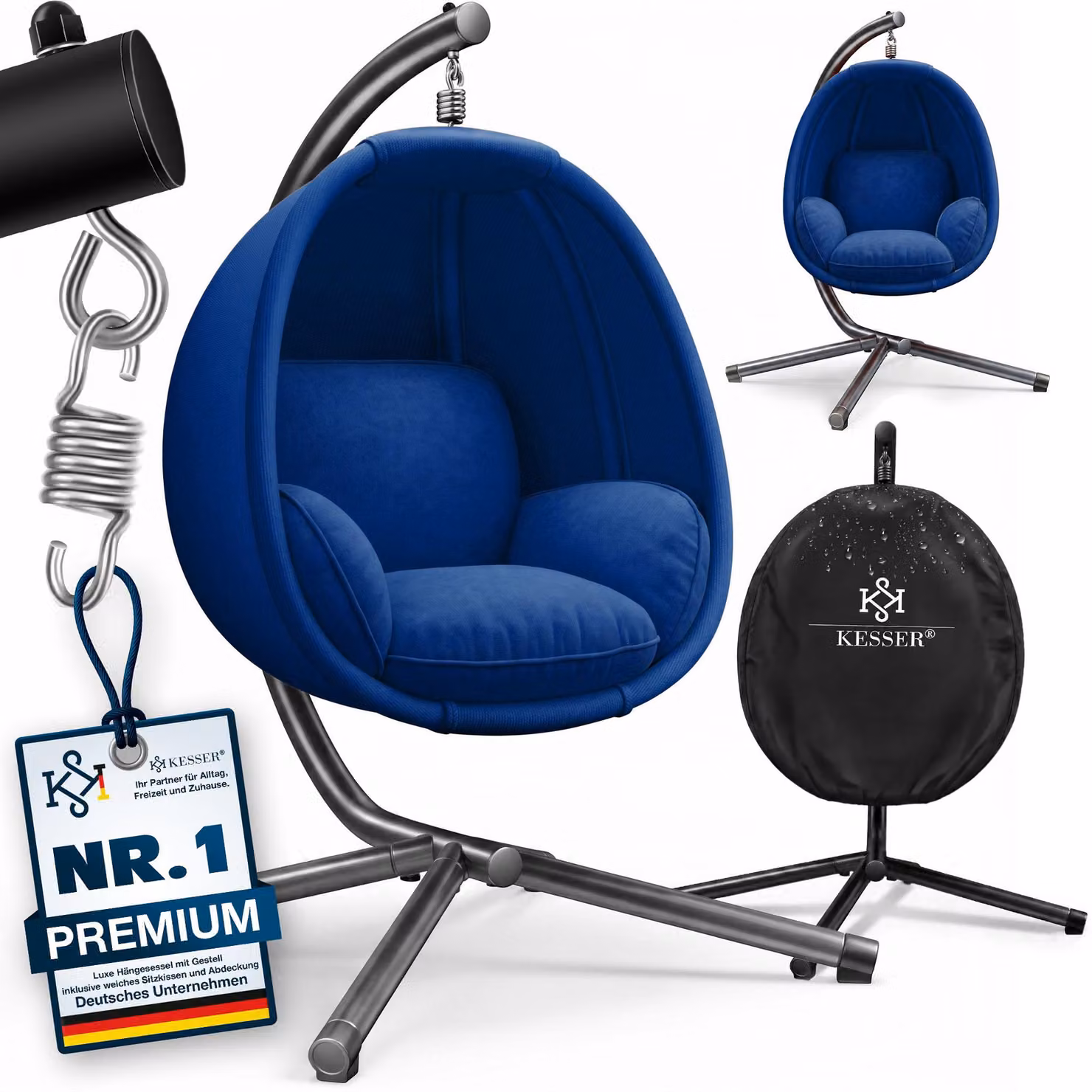 KESSER® Luxe: poltrona sospesa con struttura + morbido cuscino di seduta, imbottitura laterale, cuscini per seduta e schienale; cesto sospeso per interni ed esterni, dondolo da giardino, poltrona sospesa con base stabile, max. 150 kg