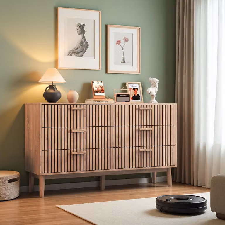 Comodino INONEFT con 6 cassetti, mobiletto contenitore in legno, adatto per camera da letto e soggiorno, dimensioni 34x100x73 cm, colore legno naturale