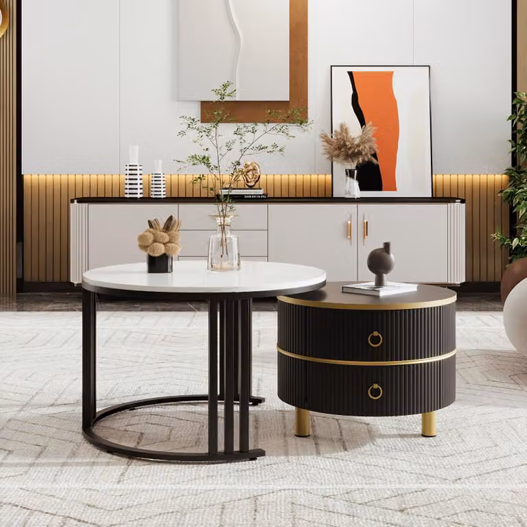 Set di tavolini da salotto moderni, con piano lucido e ripiano contenitore, ideali per il soggiorno