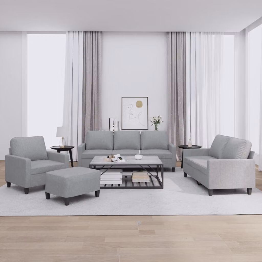 vidaXL Set di Divani Moderno 4 Pezzi in Tessuto Grigio con Cuscini e Ottoman – 1
