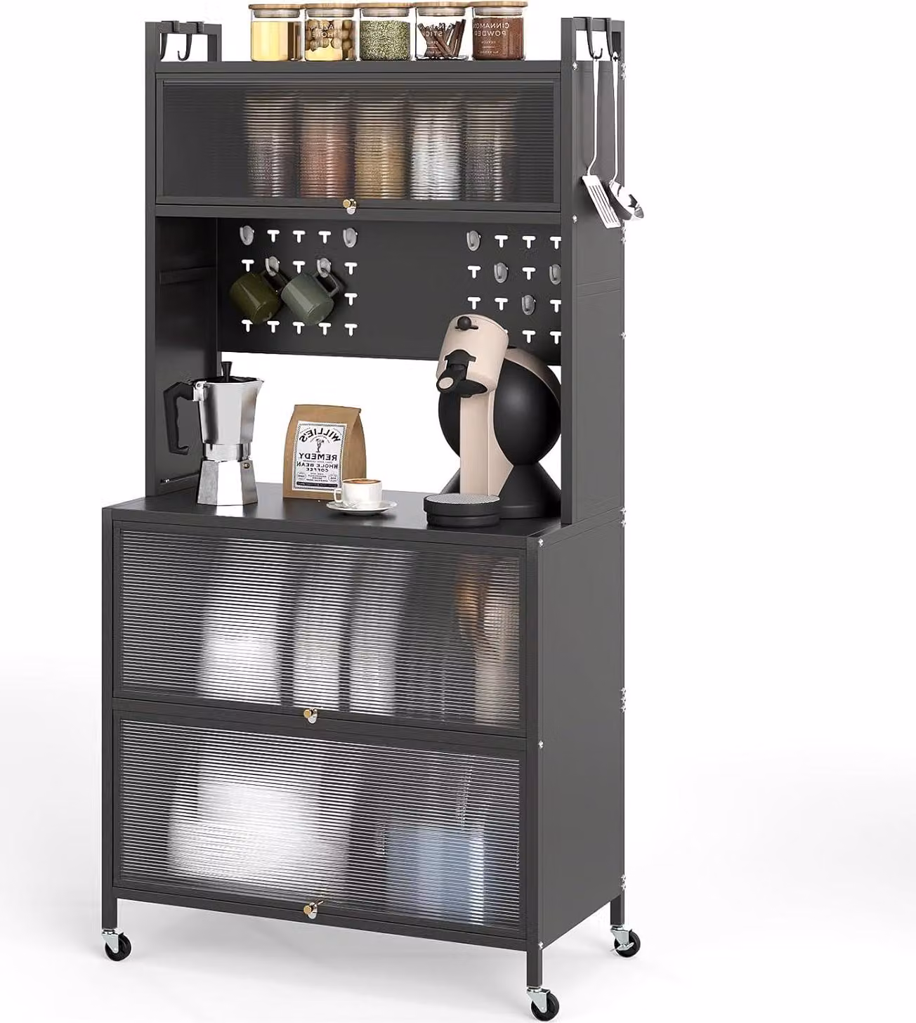 Mobile da cucina KOMFOTTEU con 5/6 livelli, credenza con 4 ganci e 10 tasselli, mobile buffet con piano di lavoro e armadi, buffet da cucina con 4 ruote universali (80 x 40 x 160 cm, grigio)