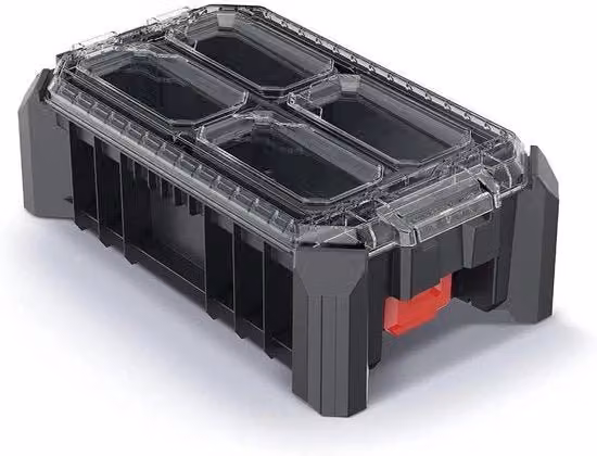 Cassetta di ordinamento trasparente con cassette per piccoli componenti, stivabile, L: 36,8 cm, P: 22,8 cm, H: 12,6 cm