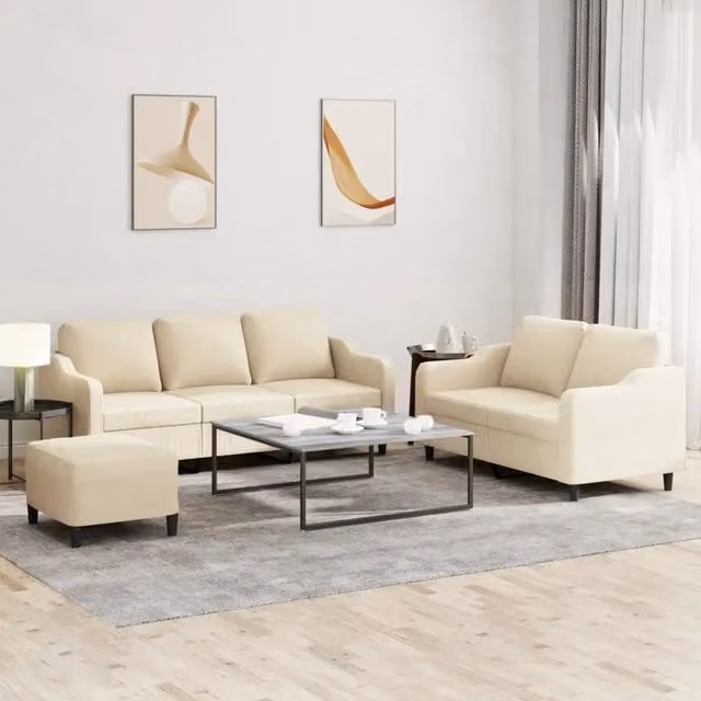 Set di divani vidaXL composto da divano a 3 posti, divano a 2 posti e pouf, rivestiti in tessuto beige con cuscini inclusi, design moderno per soggiorno – 1