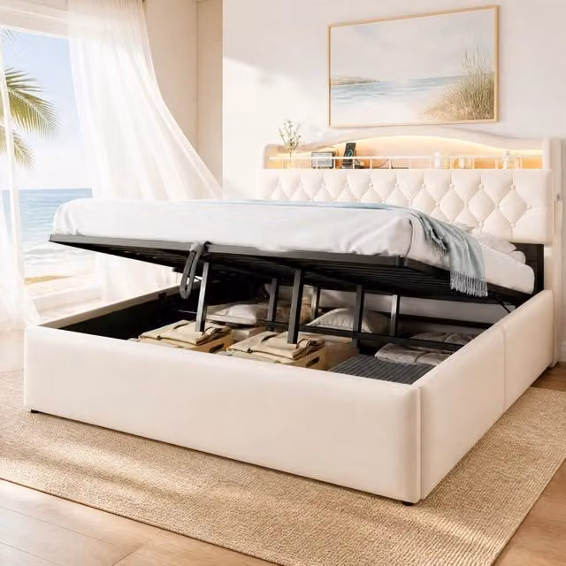 Letto imbottito 180x200 cm con contenitore idraulico, rivestimento in velluto beige, illuminazione LED, porte USB e USB-C, contenitore testiera e struttura metallica