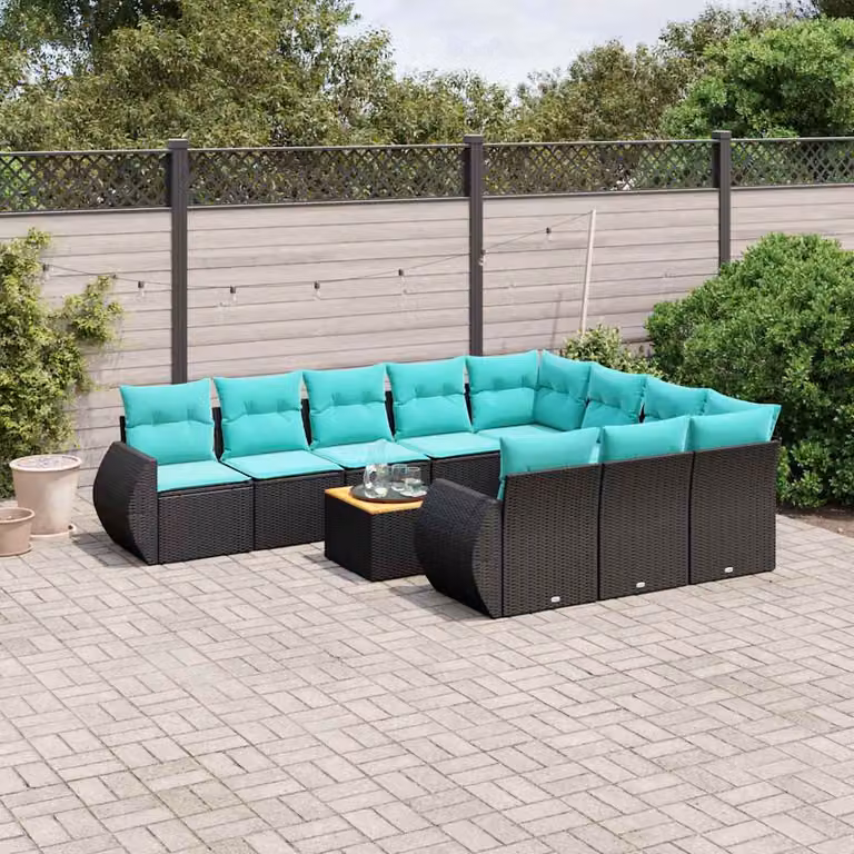 Set Divani da Giardino vidaXL 11 pz in Polyrattan Nero con Cuscini e Tavolino da Esterno a Forma di U