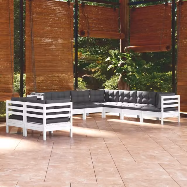 Set Divani da Giardino 9 pz con Cuscini Bianchi Legno di Pino 3096900