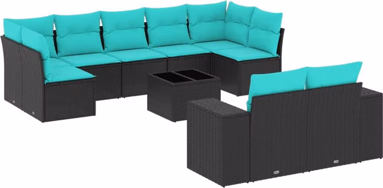 Set Divani da Giardino 10 pz con Cuscini Nero in Polyrattan