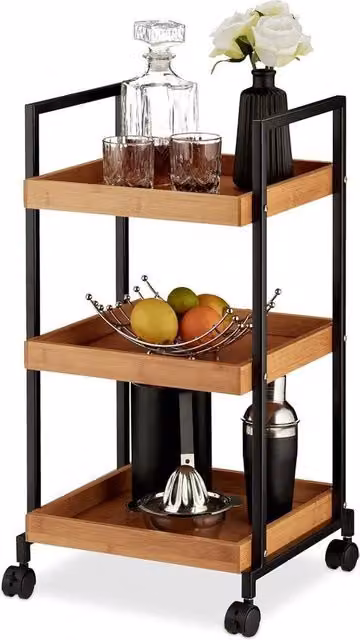 Trolley da cucina in bambù e acciaio con 3 livelli - design quadrato - 4 ruote - 69,5 x 37 x 34 cm - naturale