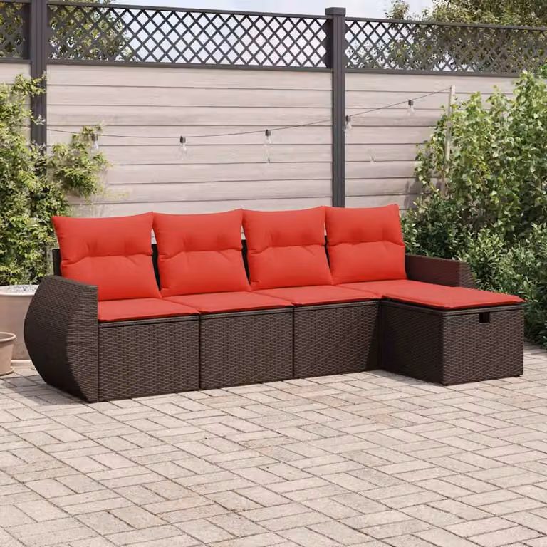 Set Divano da Giardino a L vidaXL 5 pz in Polyrattan Marrone con Cuscini e Ottoman
