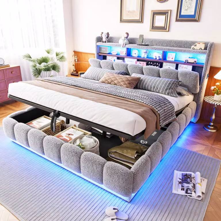 Letto imbottito Merax 180x200 cm con spazio contenitore a sollevamento idraulico, letto matrimoniale con striscia LED e porta USB, letto per adulti in velluto con rete a doghe in metallo, colore grigio
