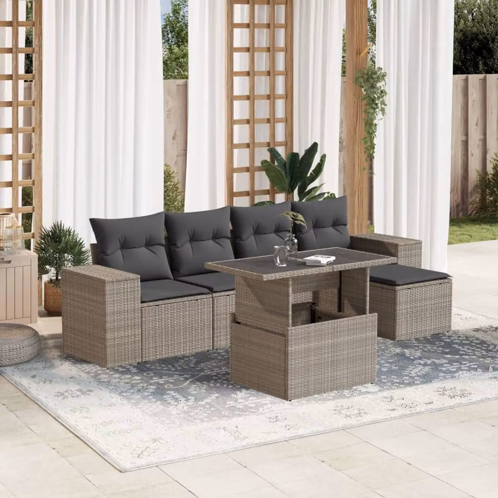 vidaXL Set Divano da Giardino a L con 6 Pezzi, Colore Antracite, con Cuscini e Tavolino, Struttura in Metallo e Polyrattan – 1
