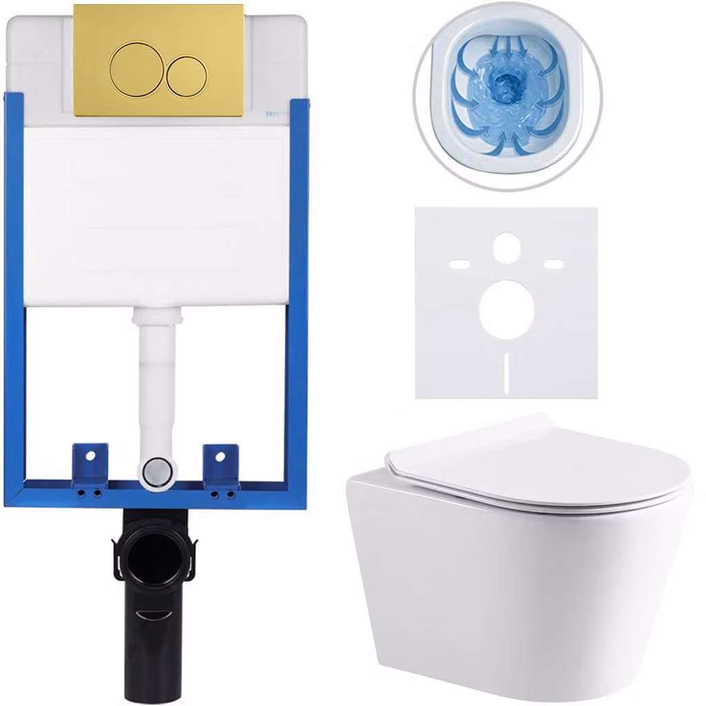 CERANO - Set completo per WC da incasso Lite/Norbi - bianco lucido - pulsante WC Duo, dorato - da incasso - 48,5x36,5 cm