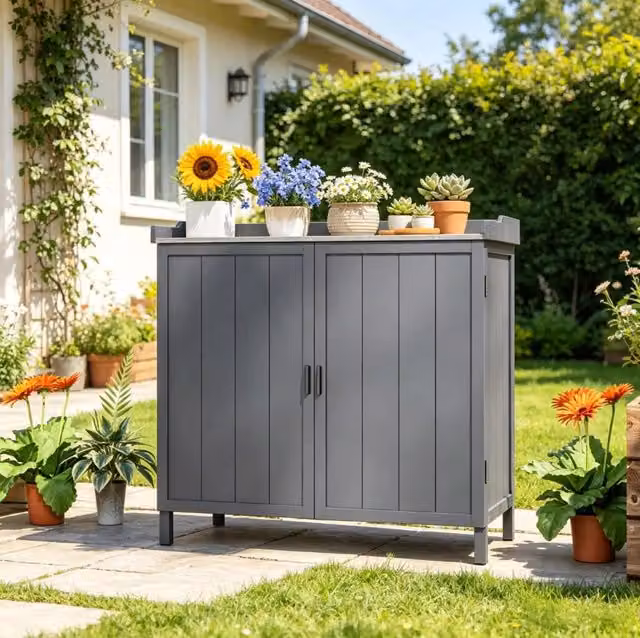Armadio da giardino ULEVR 98x48x95,5 cm con ripiano e piano da rinvaso, legno di abete e metallo zincato grigio