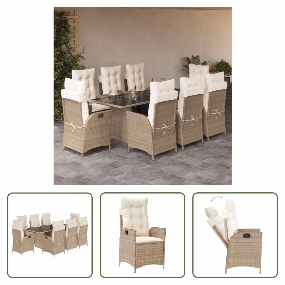 The Living Store Set da pranzo da giardino 9 pezzi con cuscini Beige poly rattan