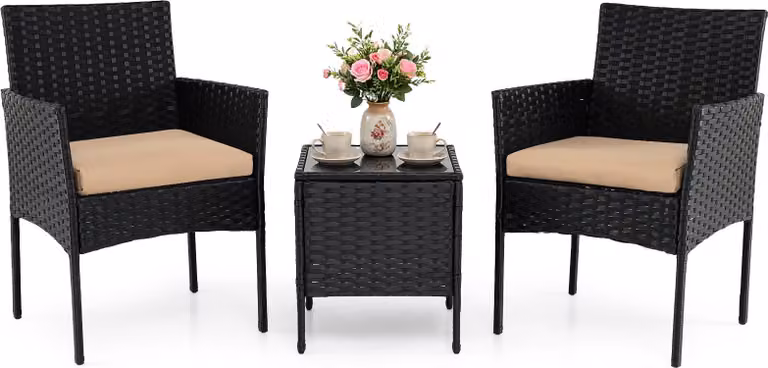 Set di mobili da giardino in polyrattan COSTWAY, 3 pezzi. Mobili da balcone con tavolo da giardino, 2 sedie con cuscini inclusi, salotto da giardino, mobili da terrazza, set da balcone giallo scuro