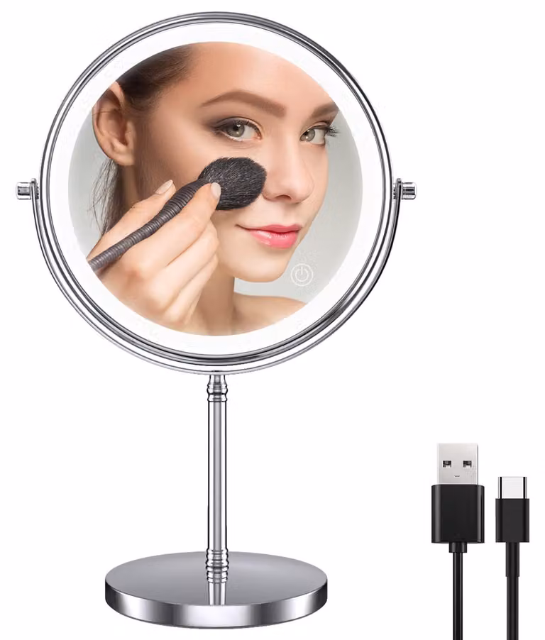 Specchio da scrivania, ingrandimento 1X e 10X, rotazione a 360 gradi, luce regolabile, colore argento, ideale per la scrivania
