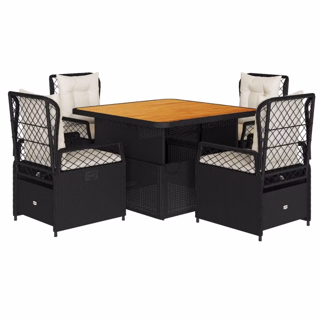 Set da Pranzo da Giardino 5 pz Nero con Cuscini in Polyrattan