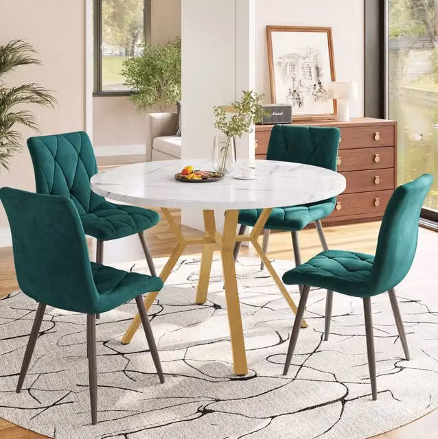 Set da Pranzo 5 Pezzi con Tavolo Rotondo in MDF Effetto Marmo e 4 Sedie Ergonomiche in Velluto Verde con Gambe Dorate in Metallo